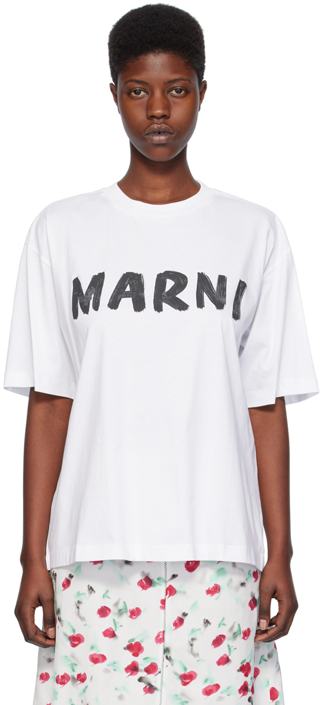 Shop Marni White Printed T-shirt In Low01 Lily White