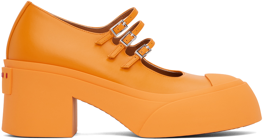 Orange Pablo Triple-Buckle Mary Jane Heels