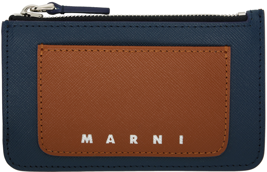 Navy & Brown Saffiano Leather Card Holder