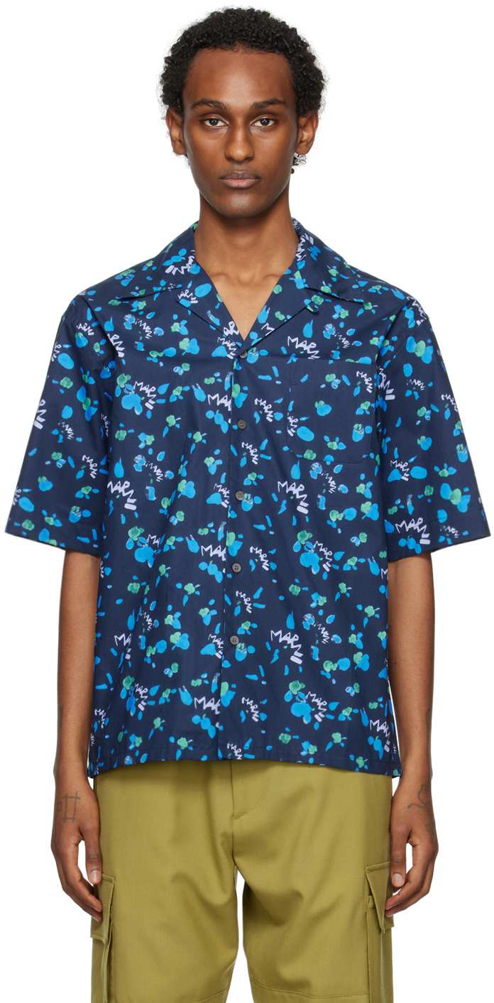 Marni: ネイビー グラフィックシャツ | SSENSE 日本