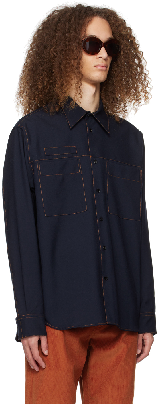 Marni Navy Contrast Stitch Shirt In 00b99 Blublack