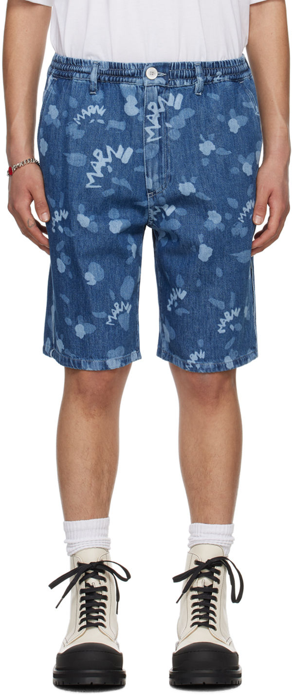 Blue Printed Denim Shorts