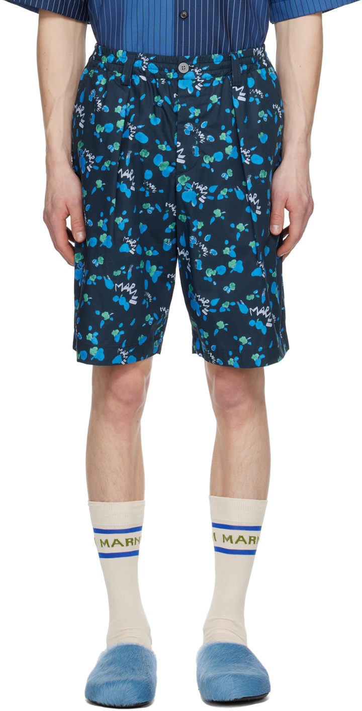 Marni Navy Printed Shorts In Blue