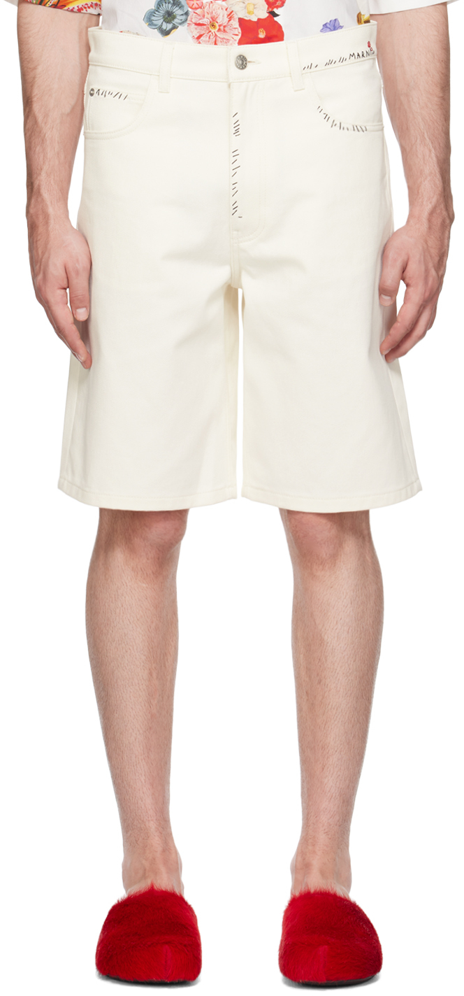 Shop Marni White Embroidered Denim Shorts In 00w01 Lily White