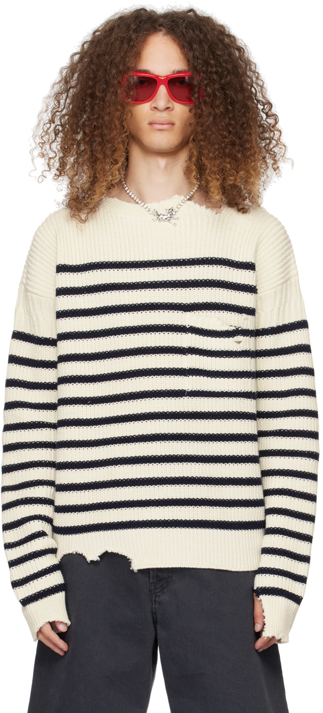Shop Marni Off-white Striped Sweater In Rgw03 Stone White