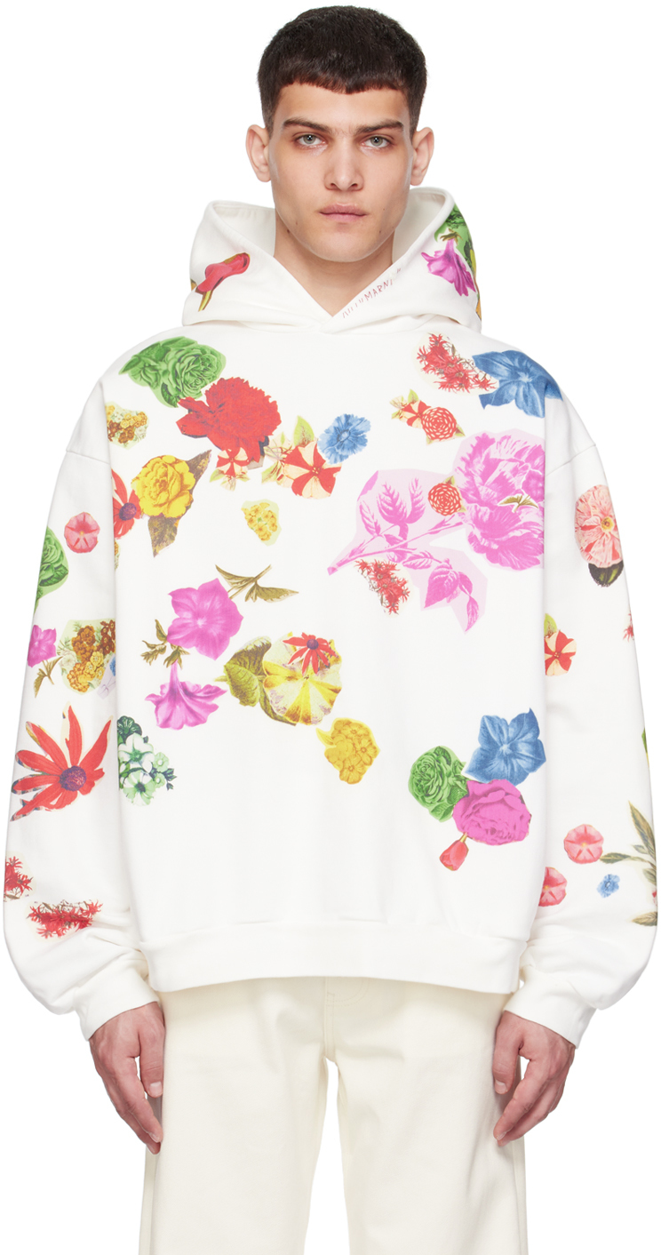 Shop Marni Off-white Floral Hoodie In Cfw02 Natural White