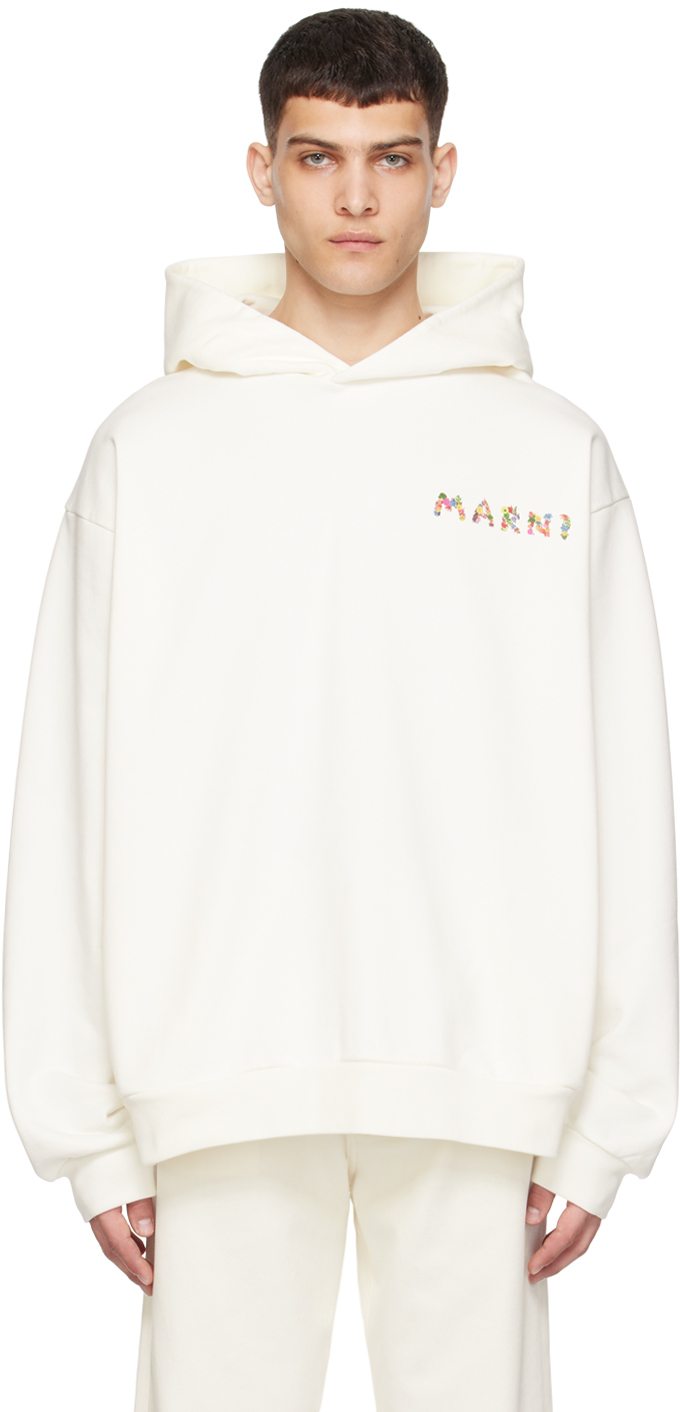 Shop Marni Off-white Printed Hoodie In Cbw02 Natural White