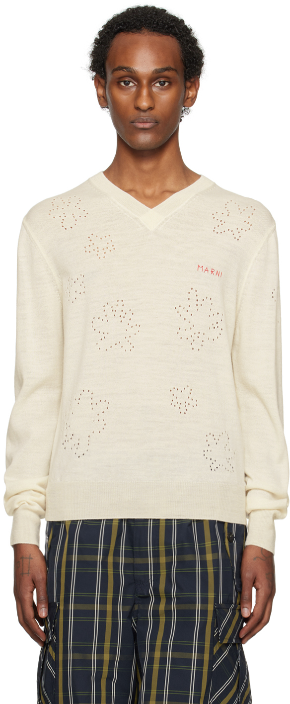 Marni Off-white V-neck Sweater In 00w03 Stone White