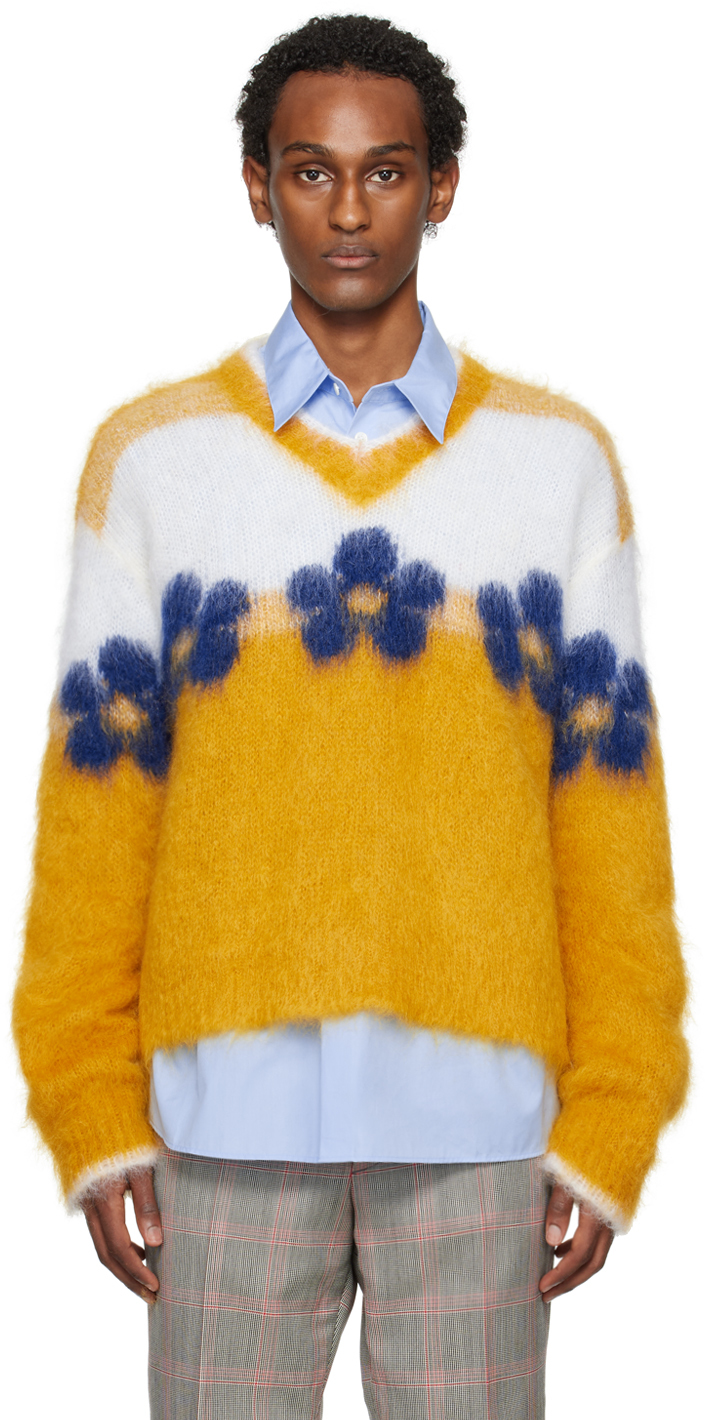 Marni Yellow Fuzzy Wuzzy Flowers Sweater In Flr31 Light Orange