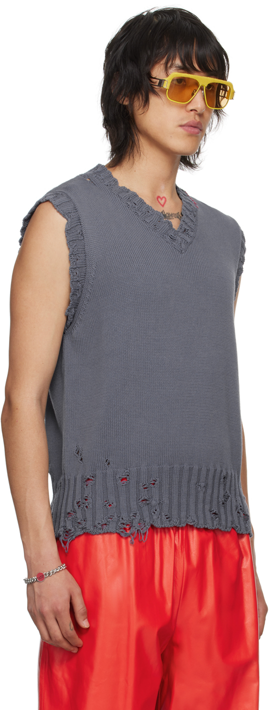 Marni Distressed V-neck Knit Vest In 00b72 Steel