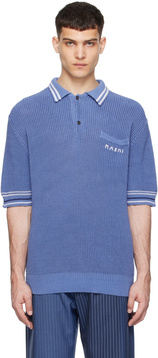 Shop Marni Navy Embroidered Polo In 00b37 Opal