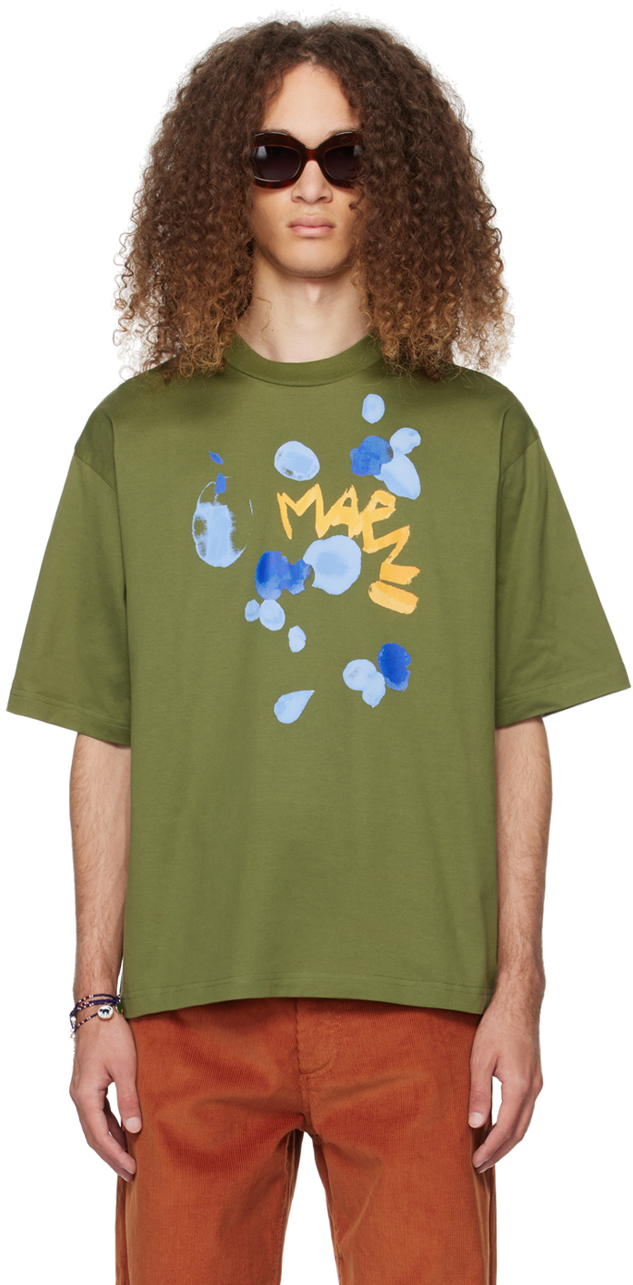 Marni Green Dripping Flower T-shirt In Leav Green