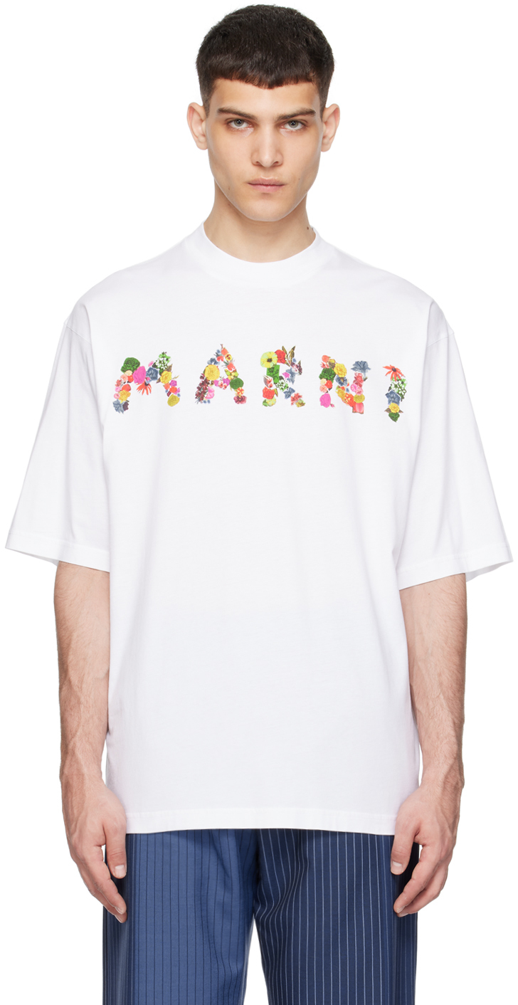 Shop Marni White Printed T-shirt In Cbw01 Lily White