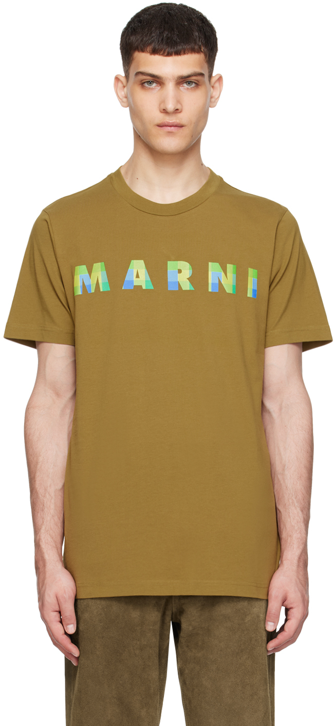 Shop Marni Khaki Printed T-shirt In Gov49 Creta