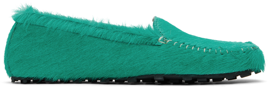 Shop Marni Green Calf-hair Moc Loafers In 00v62 Sea Green