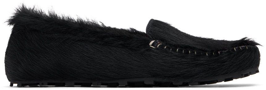 Shop Marni Black Calf-hair Moc Loafers In 00n99 Black