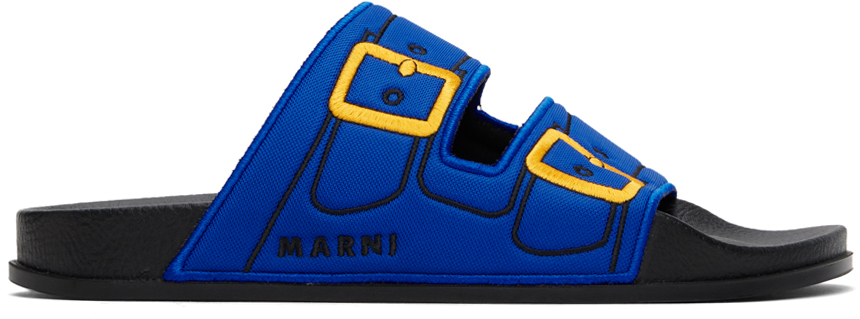 MARNI ロゴ トロンプルイユ オープントゥ スライドサンダル Marniのブルー トロンプルイユ スライドがセール中