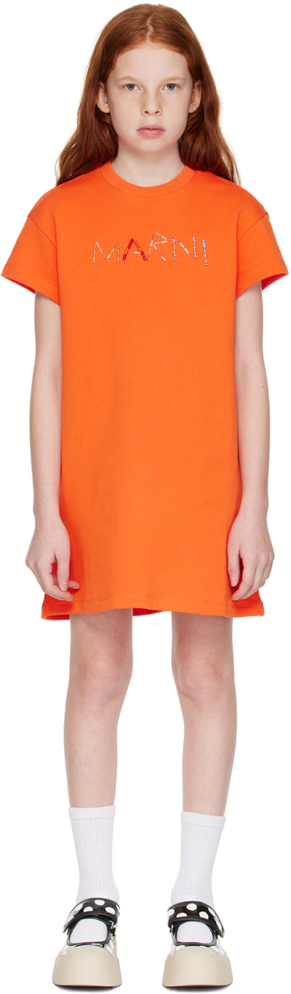 Marni Kids logo-embroidered knit dress - Orange