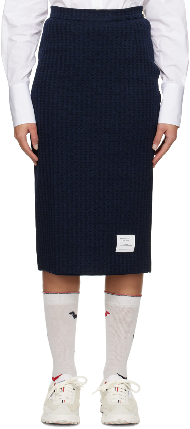 Shop Thom Browne Navy Waffle Midi Skirt In 415 Navy
