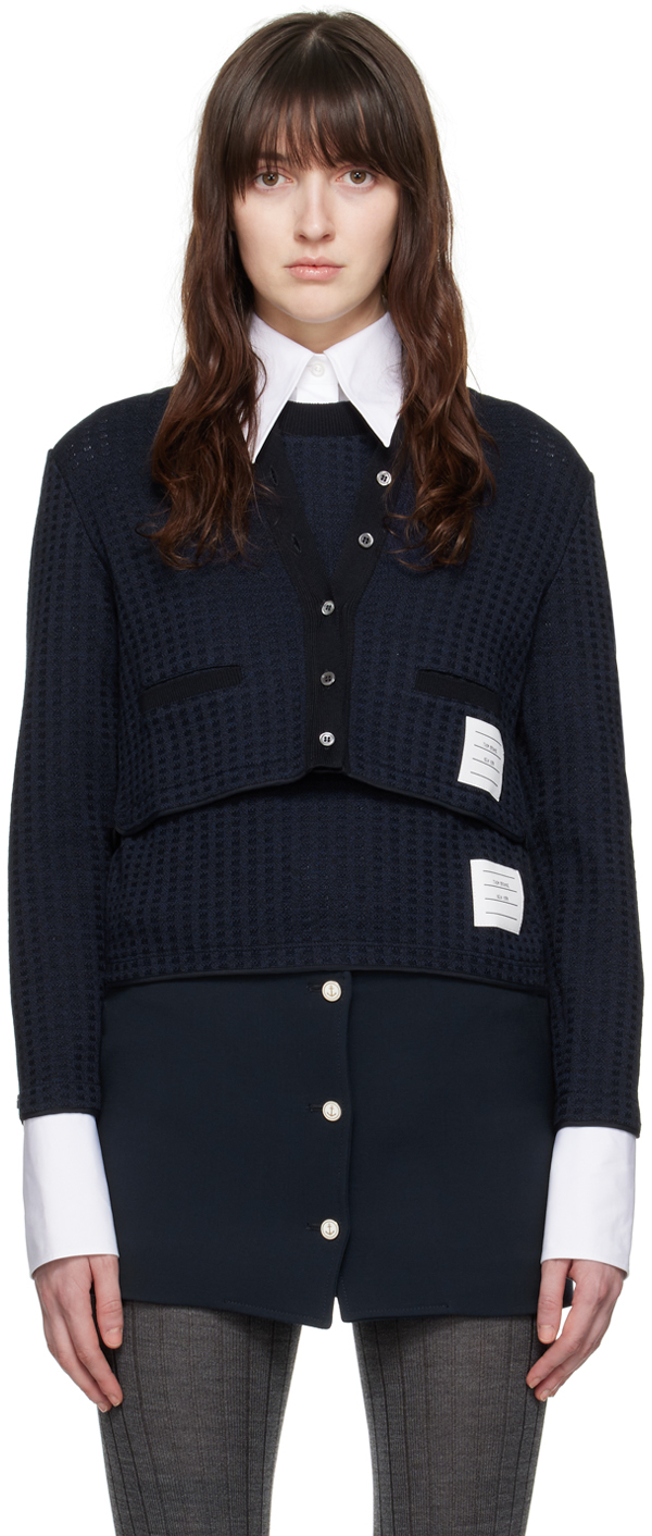 Shop Thom Browne Navy Checkered Jacquard Cardigan In 415 Navy