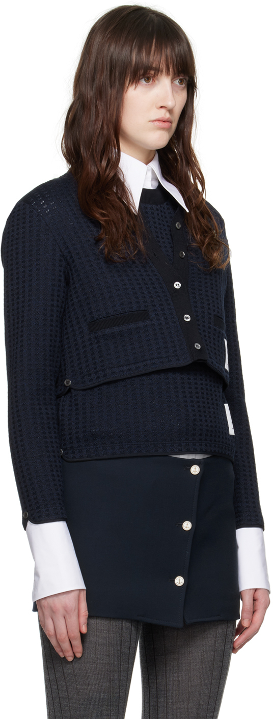 Thom Browne Checkered Jacquard Cropped Cardigan In 415 Navy