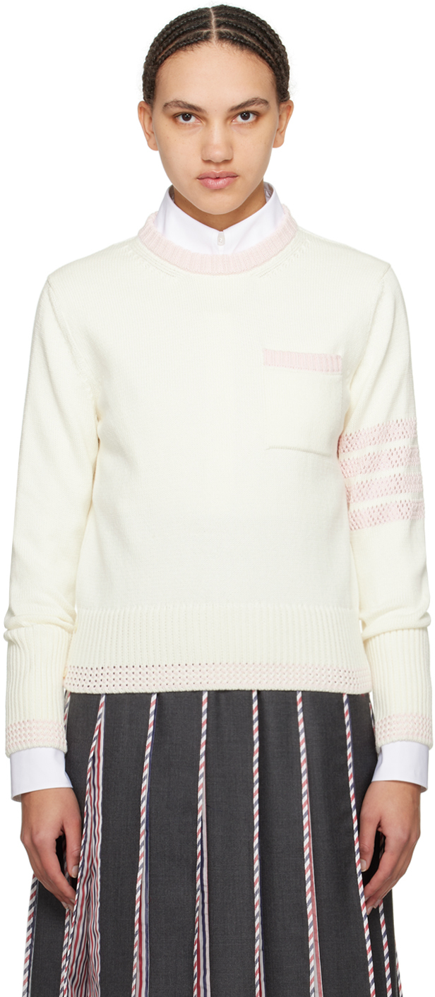 Thom Browne 4-bar Cotton Sweater In 101 White