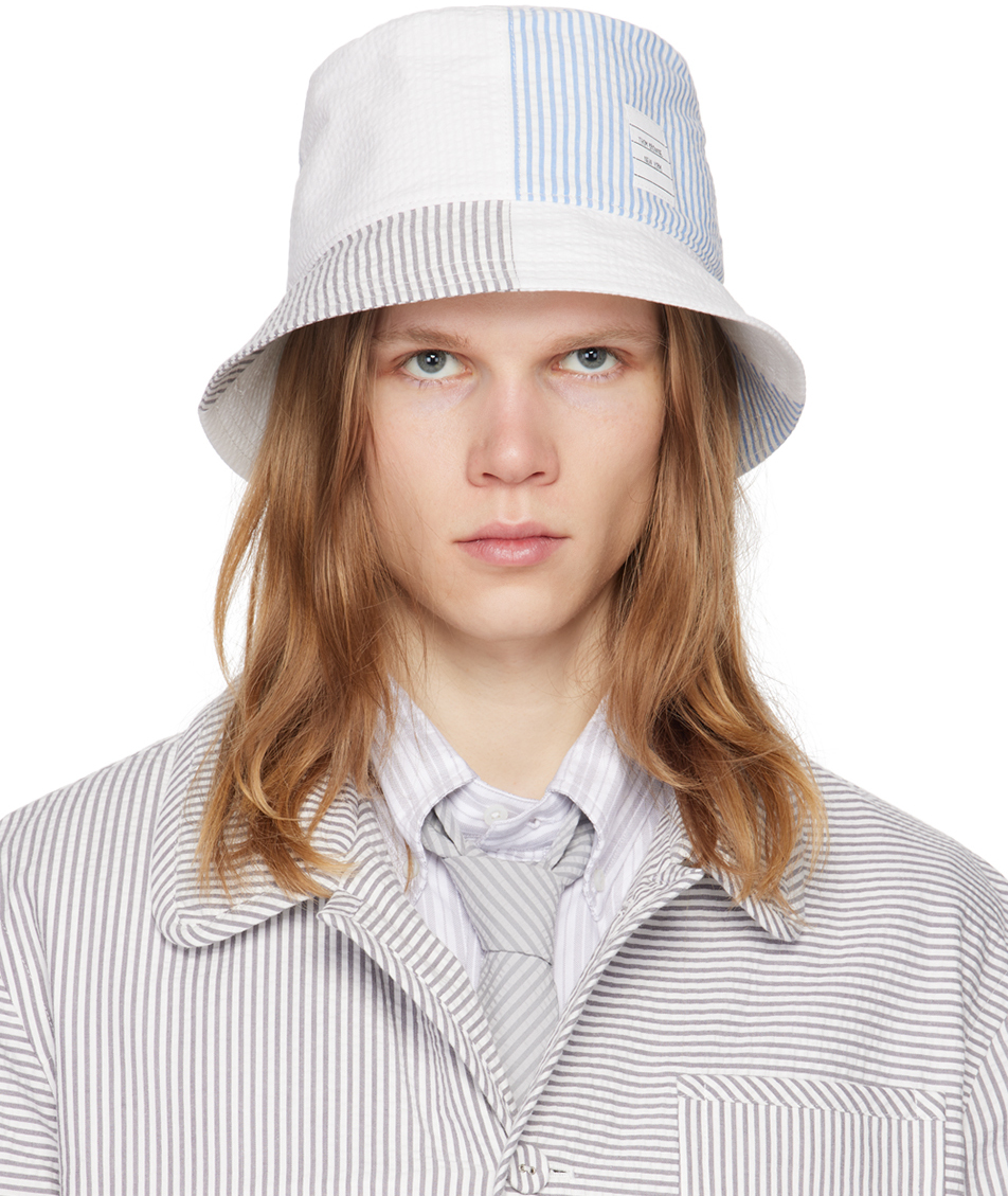 Thom Browne White & Blue Quarter Combo Bucket Hat In 100 White