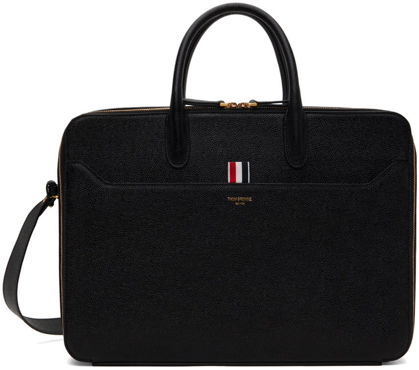 Shop Thom Browne Black Pebble Grain Double Compartment Briefcase In 001 Black