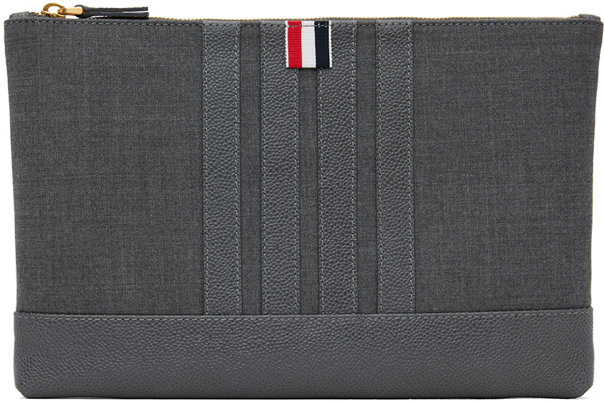 Thom Browne Gray Large Wool 4-bar Pouch In 035 Med Grey