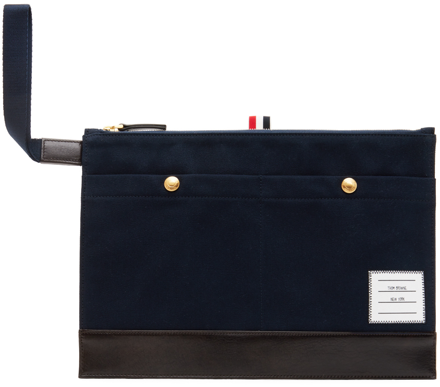 Shop Thom Browne Navy Cotton Canvas Snap Pocket Pouch In 415 Navy