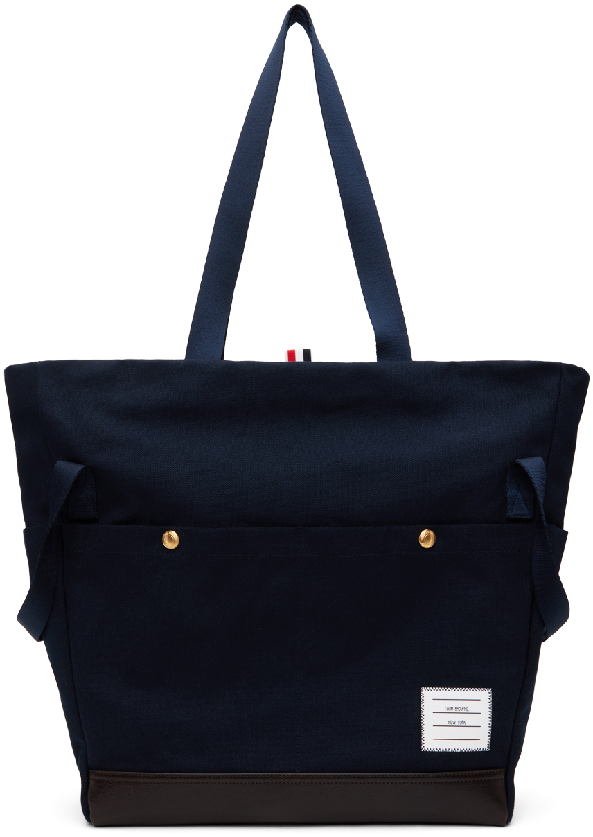 Shop Thom Browne Navy Cotton Canvas Snap Pocket Tote In 415 Navy