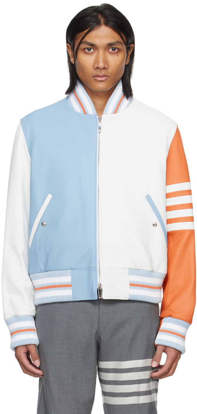 Shop Thom Browne Multicolor Paneled Leather Jacket In 100 White