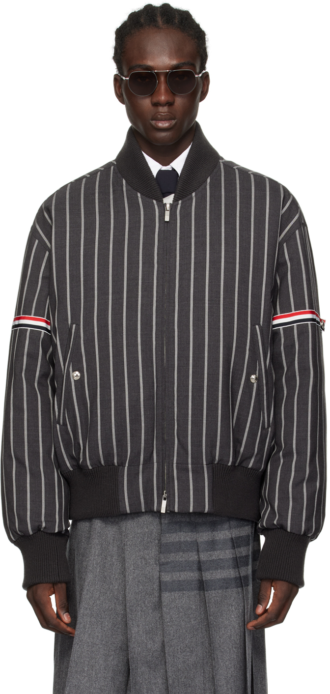 THOM BROWNE STAND COLLAR ZIP-UP JACKET IN GREY