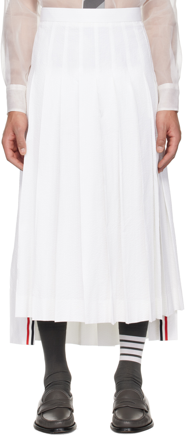 White Pleated Midi Skirt by Thom Browne on Sale