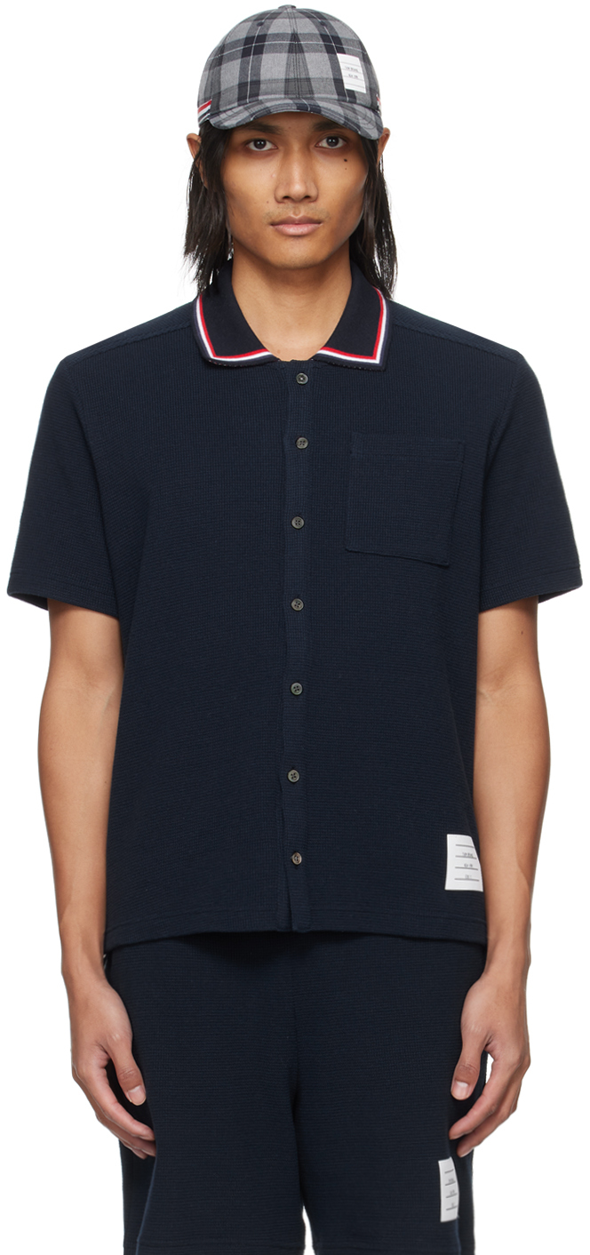 Shop Thom Browne Navy Textured Polo In 415 Navy
