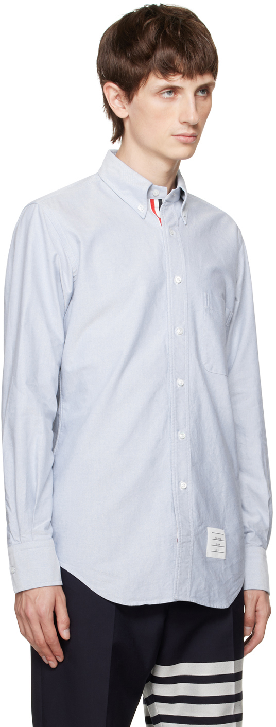 Thom Browne Slogan Patch Poplin Shirt In 480 Light Blue