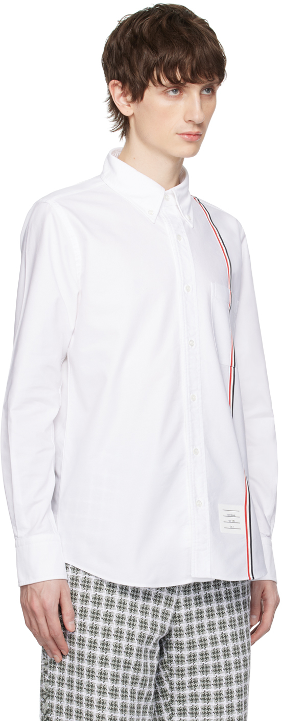 Thom Browne Long-sleeved Poplin Shirt With Signature Stripes In 100 White