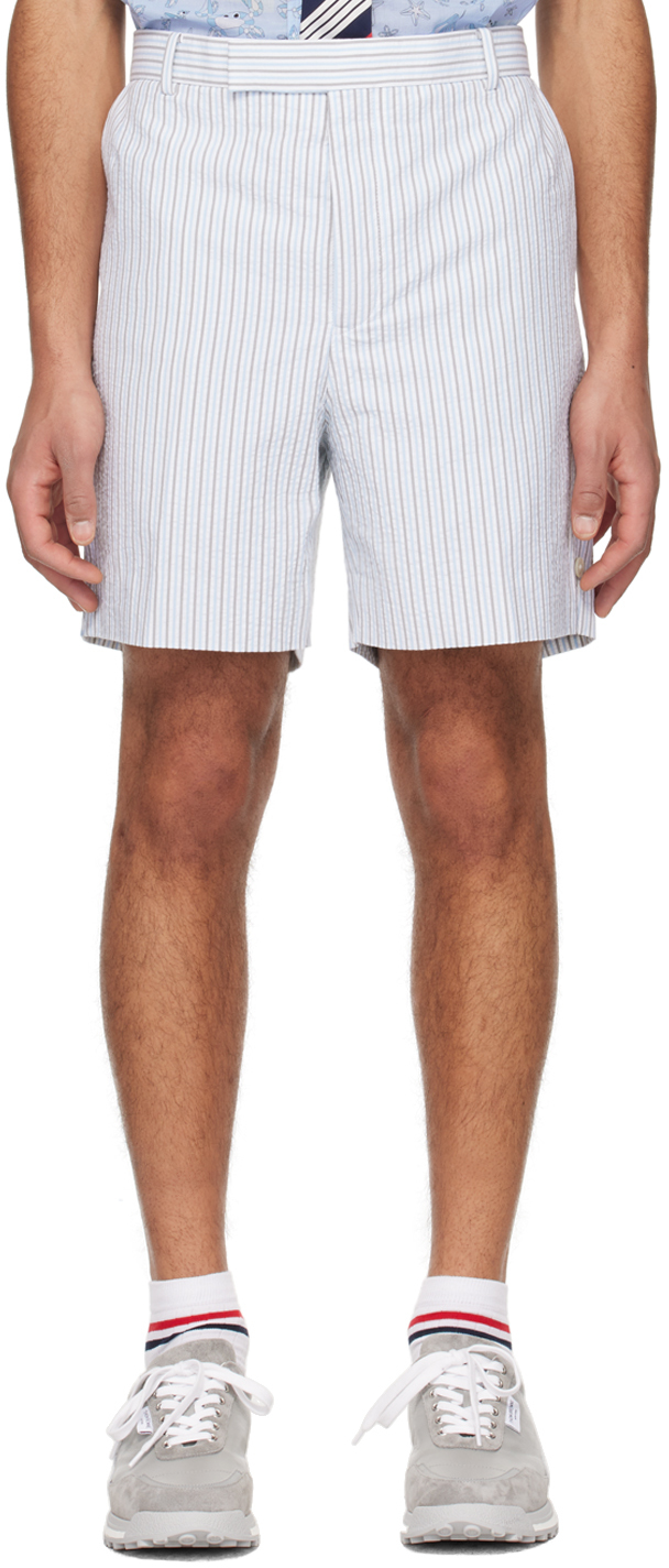 Shop Thom Browne White & Blue Striped Shorts In 480 Light Blue
