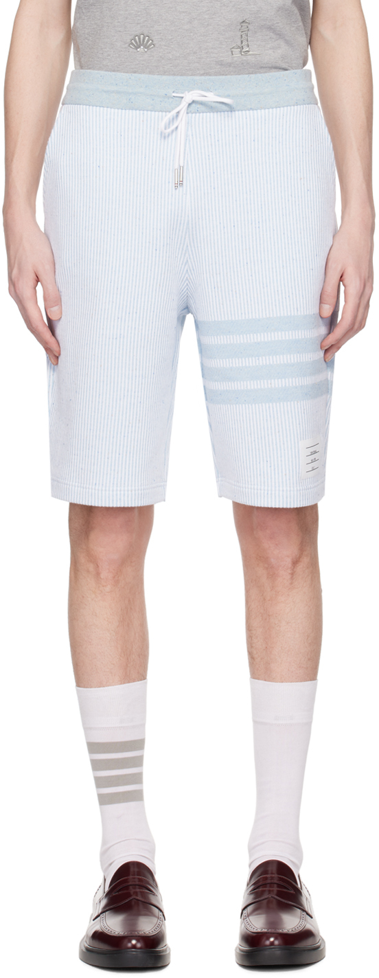 White & Blue 4-Bar Shorts by Thom Browne on Sale