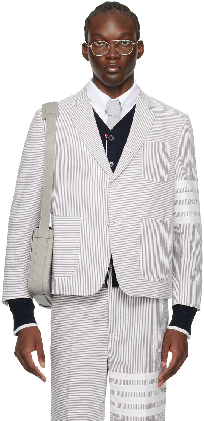 Gray & White Single-Breasted Blazer