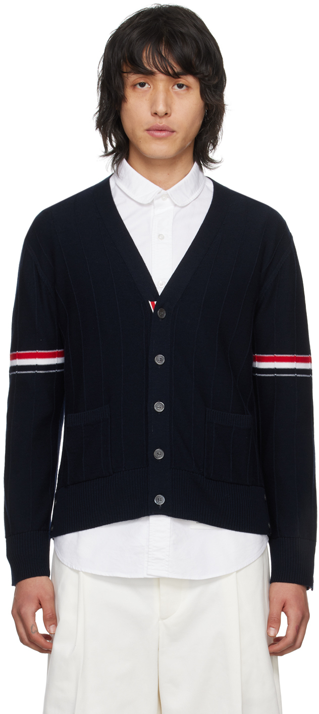 Shop Thom Browne Navy Armband Cardigan In 415 Navy
