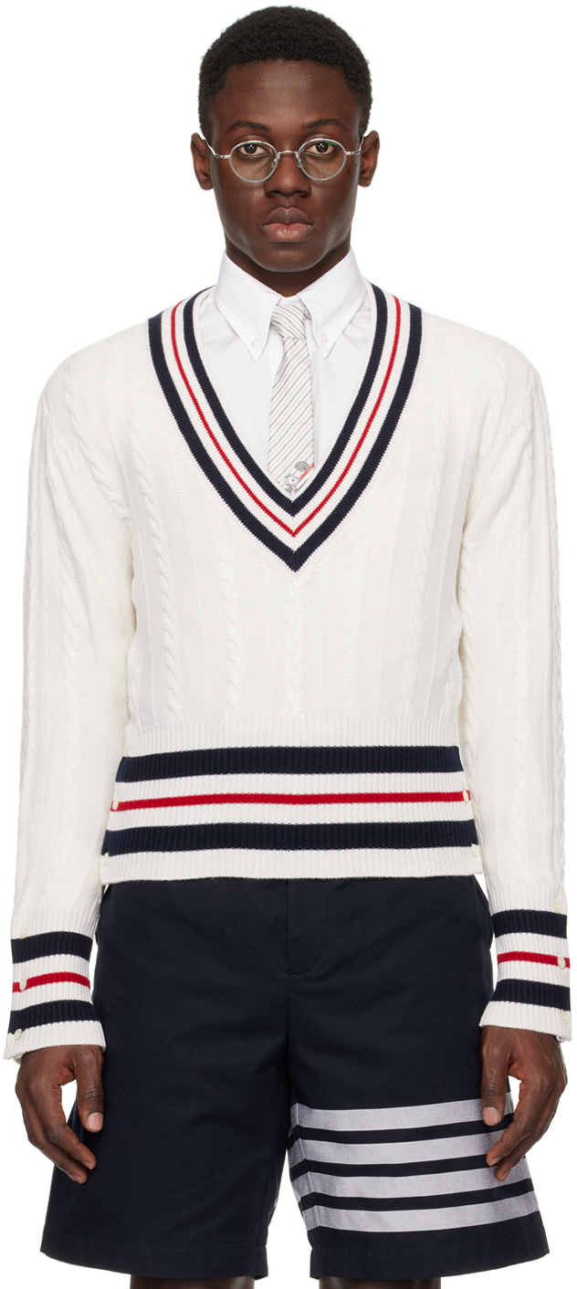 Thom Browne Off-white Cable Knit Sweater In 100 White