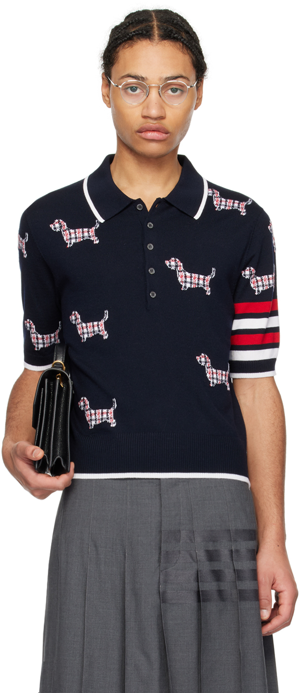 Shop Thom Browne Navy Intarsia Polo In 415 Navy