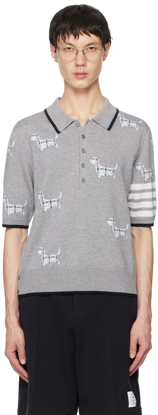 Thom Browne logo-patch short-sleeve polo shirt - Grey