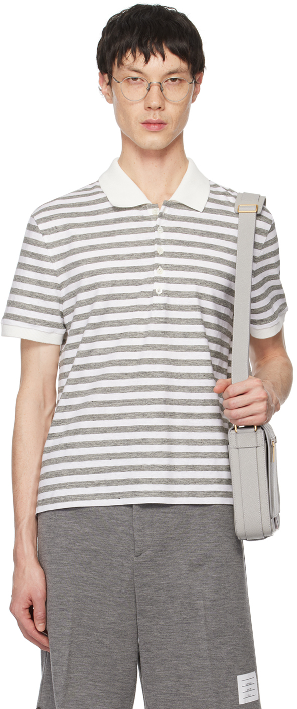White & Gray Striped Short Sleeve Polo