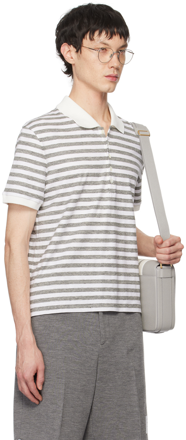 Shop Thom Browne White & Gray Striped Short Sleeve Polo In 055 Lt Grey