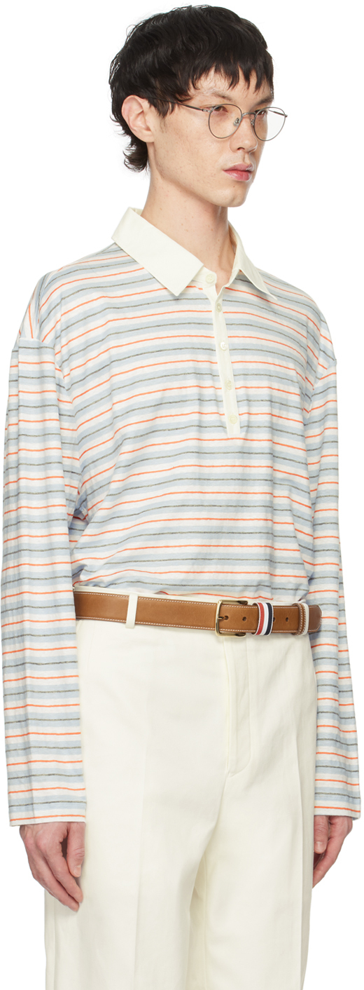 Thom Browne White & Blue Striped Polo In 460 Medium Blue