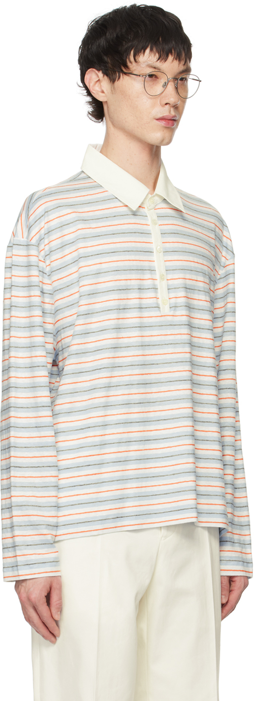 Thom Browne White & Blue Striped Polo In 460 Medium Blue
