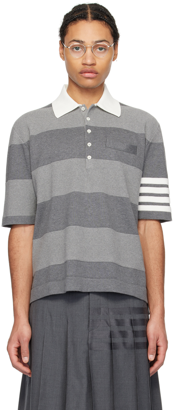 Shop Thom Browne Gray Striped Polo In 982 Tonal Grey