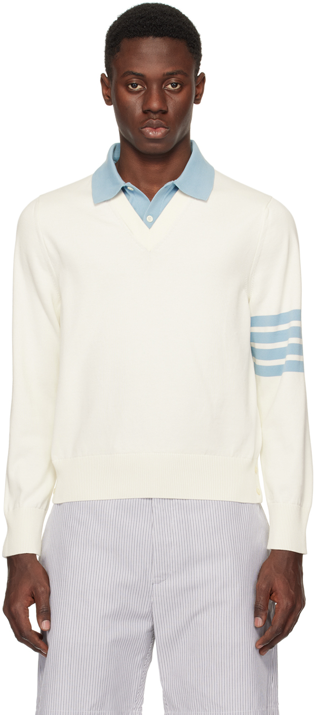 Thom Browne Off-white 4-bar Long Sleeve Polo In 100 White